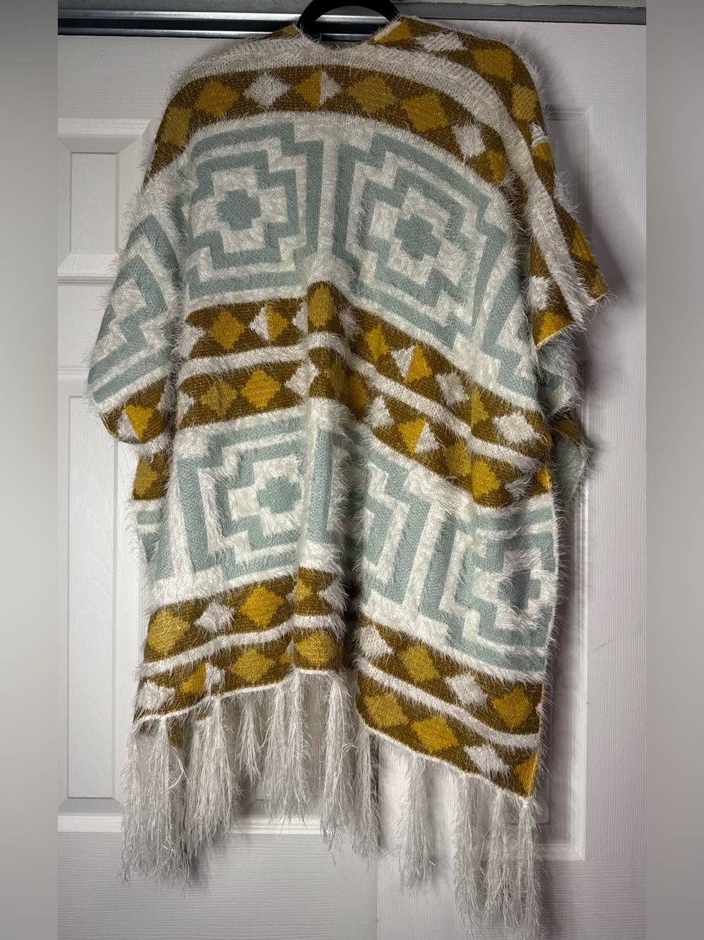 Free People Blue Cream and Tan Fuzzy Poncho with Fringe - Size OS - Picture 4 of 4